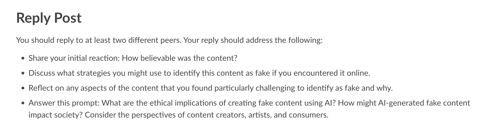 Reply instructions asking students to assess peer AI-generated content for believability, detection, and ethical impact.